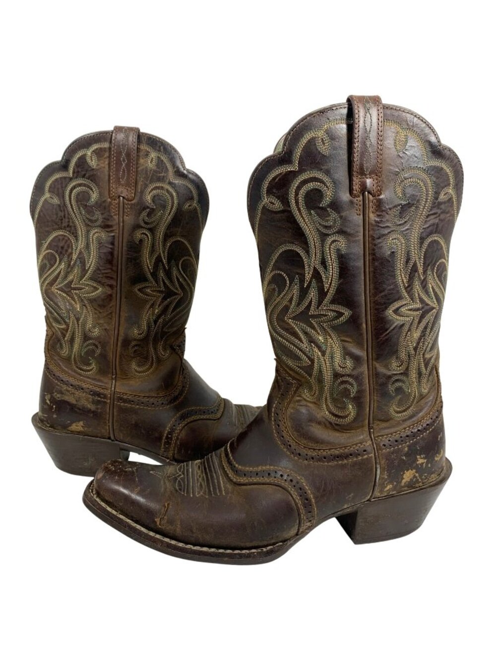 ARIAT 15834 Legend Square Toe Brown Leather Green INT Pull On Western Boots SZ 8